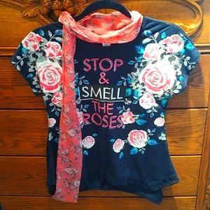 Stop and Smell the Roses short tee with a cute floral pattern and scarf.